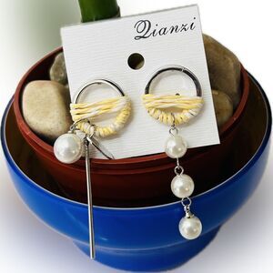 Elegant Silvertoned Silver & Yellow Faux Pearl Accent Korean Fashion Earrings